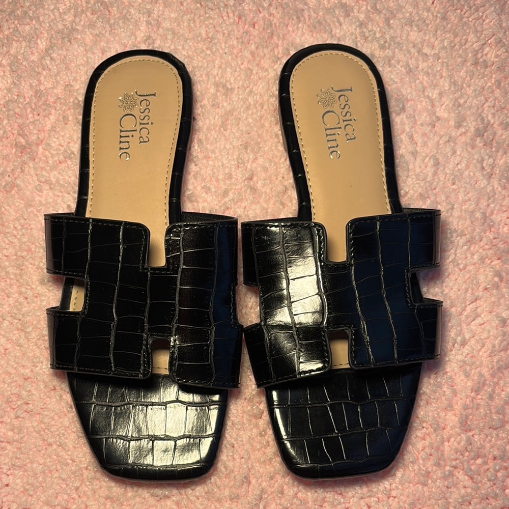 Black Croc-Embossed Women's Sandals